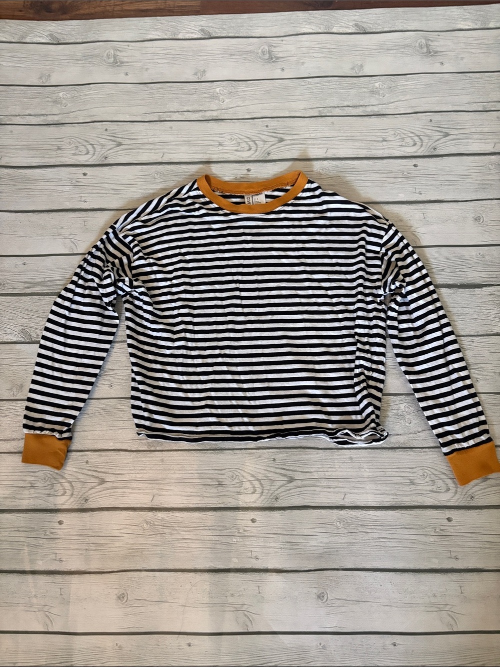 Divided Black and White Striped Long Sleeve Top with Mustard Trim
